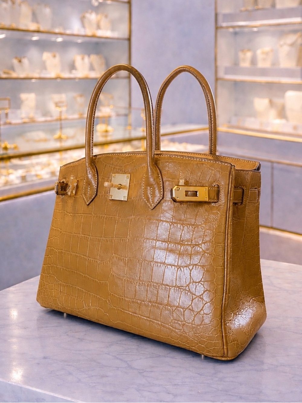 NATURAL LEATHER 30cm Croc-Embossed Tan Satchel with Gold Hardware